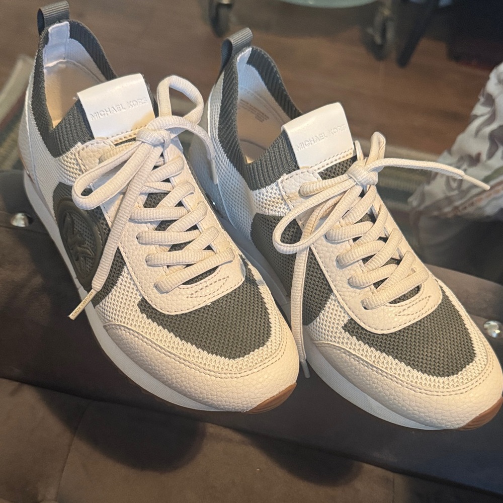Michael Kors Beige and Olive Knit Lace-Up Sneakers - Picture 1 of 9